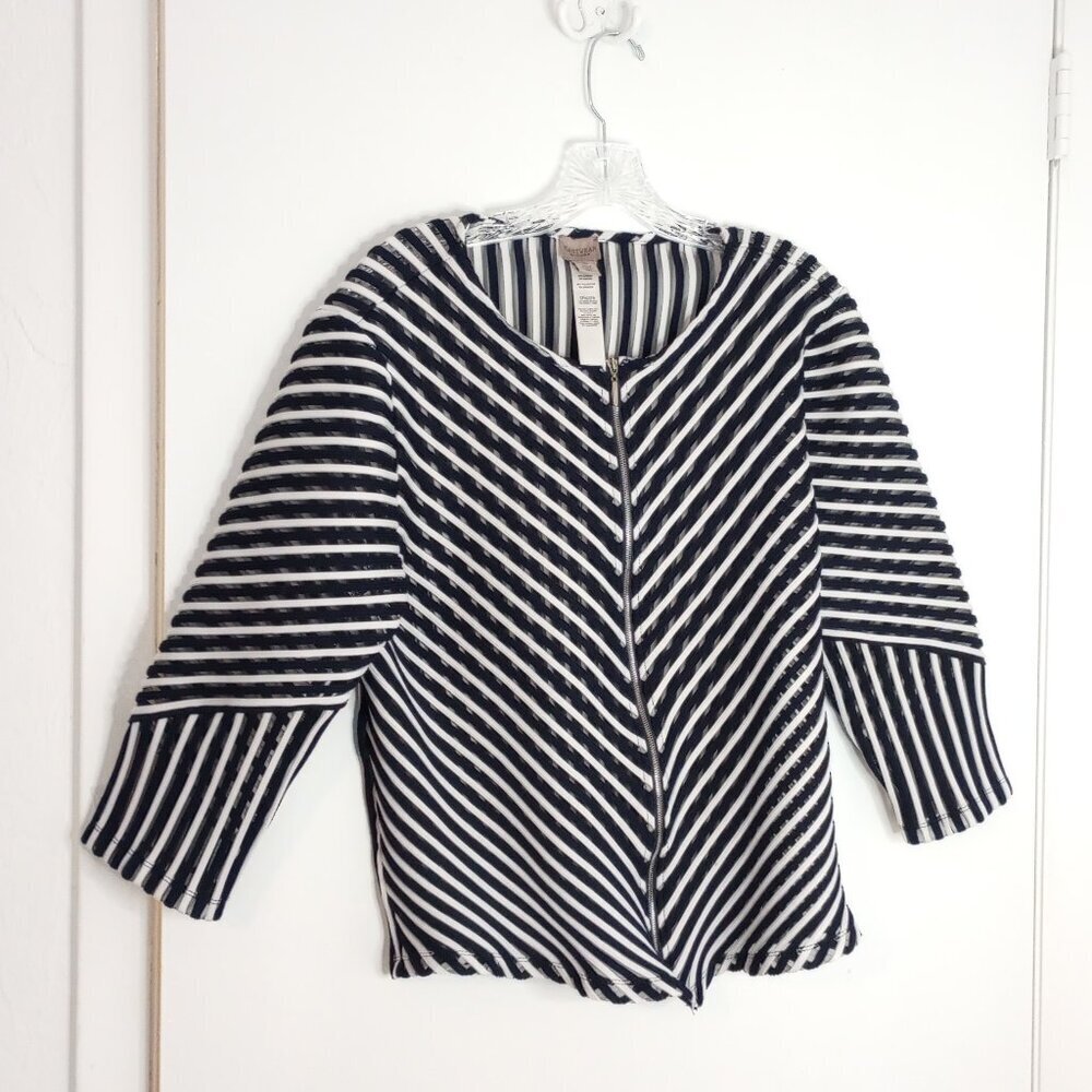 Chico's Contemporary Blue & White Sheer Stripe Full-Zip Jacket Sz 3